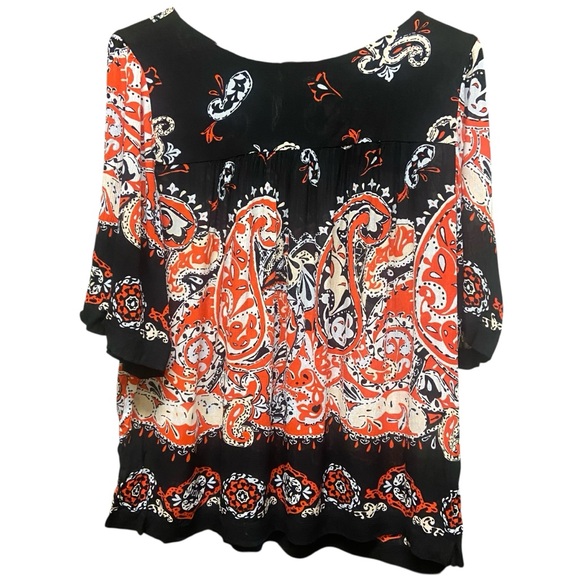 Ann Taylor LOFT Blouse Gauzy Black Peach Paisley 3/4 Sleeve Boxy Oversized Comfy - Picture 4 of 16